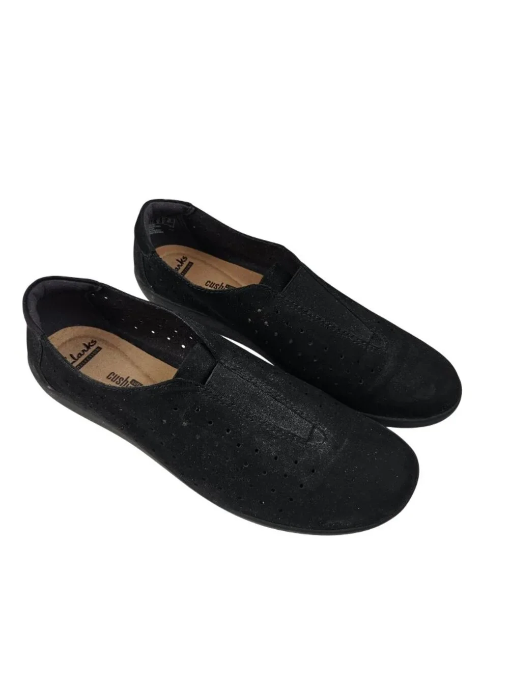 Clarks Loafers Womens Size 9.5 Black Leather Perforated Soft Cushion Shoes Suede - Picture 1 of 9